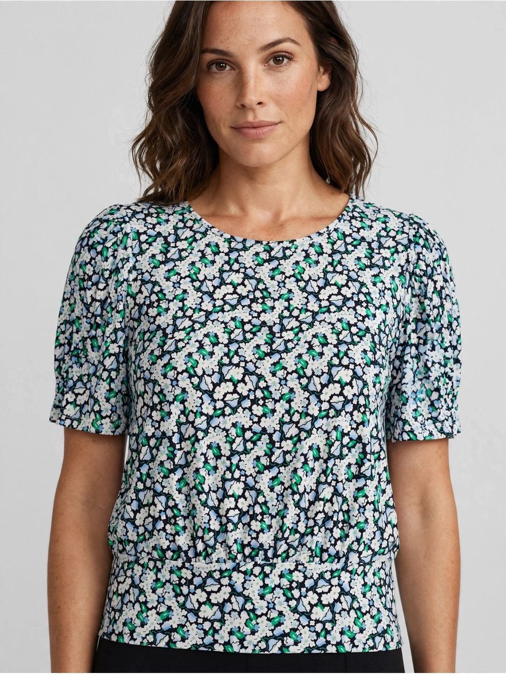 Karl Lagerfeld Paris Black Ditsy Floral Puff Sleeve Blouse Smocked Hem Top Large